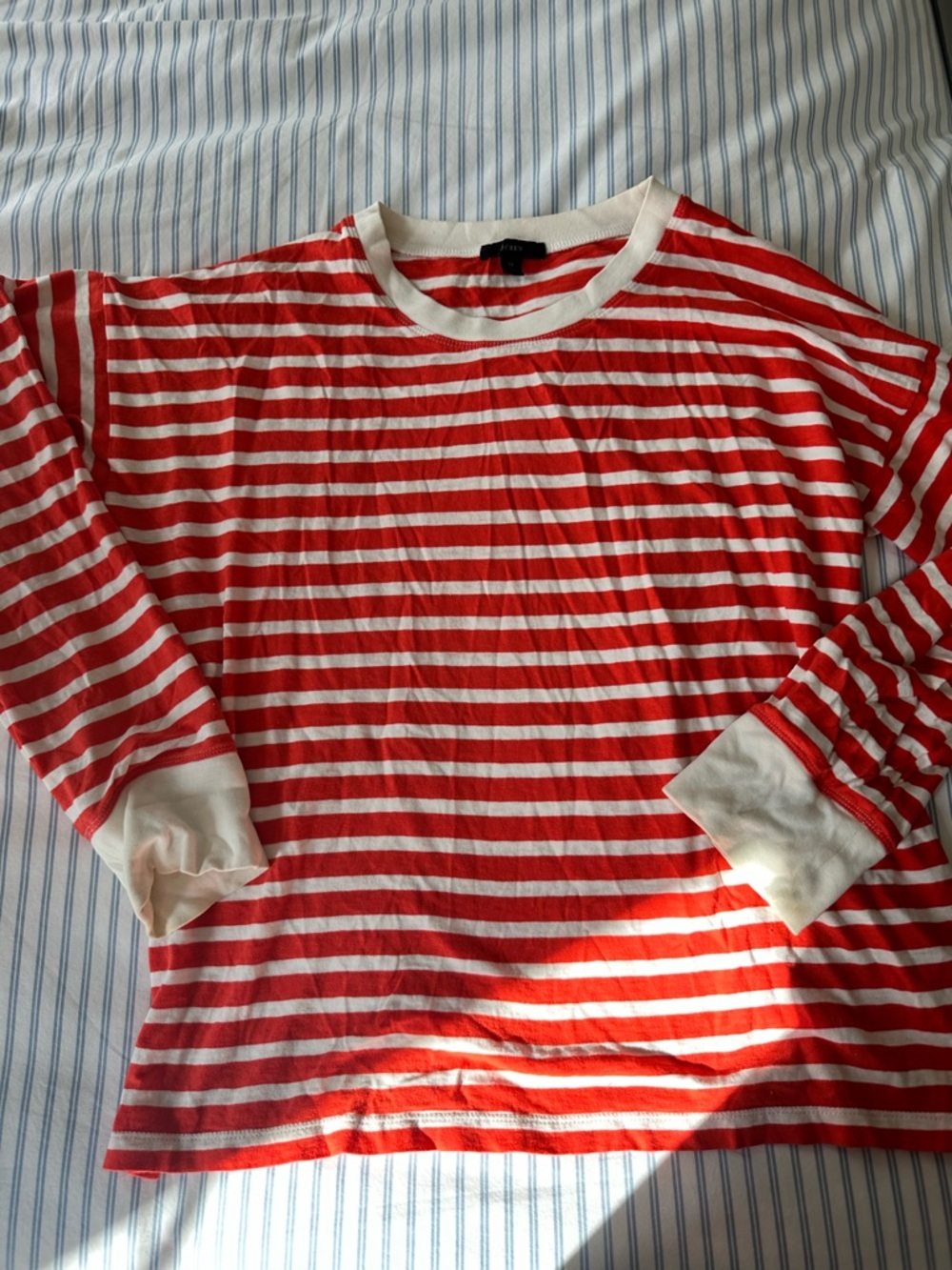 J. Crew Orange-Red and White Striped Long Sleeve Tee with Contrast Trim